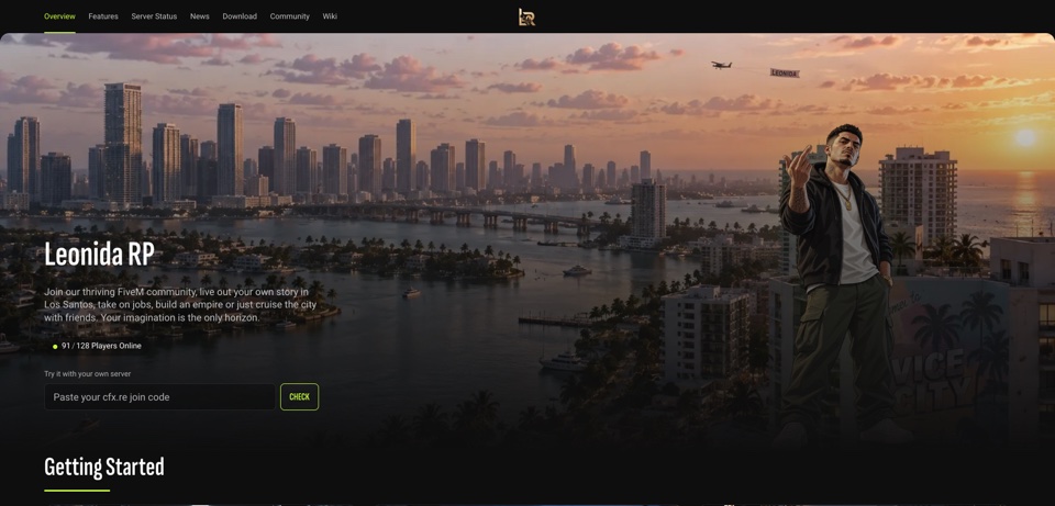 RPWebsite homepage hero with cinematic city skyline, live join CTA and getting-started strip.