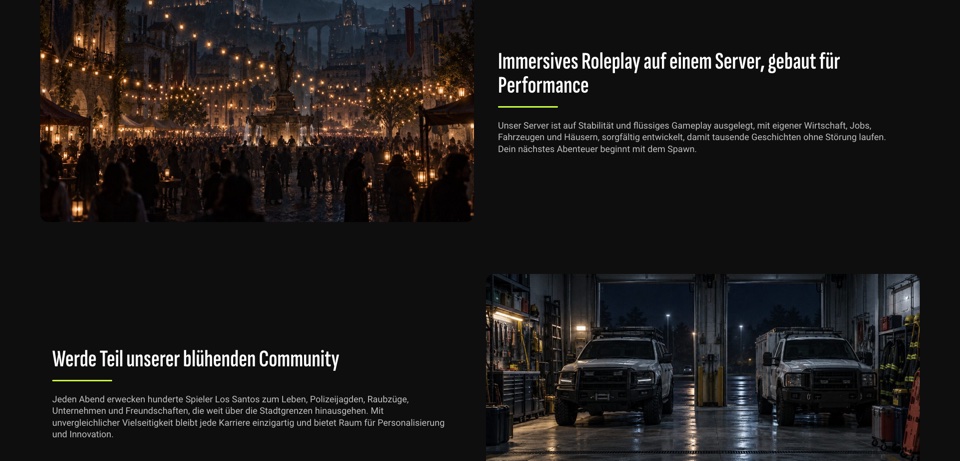 Community roleplay showcase page with a lively night market scene and a garage scene.